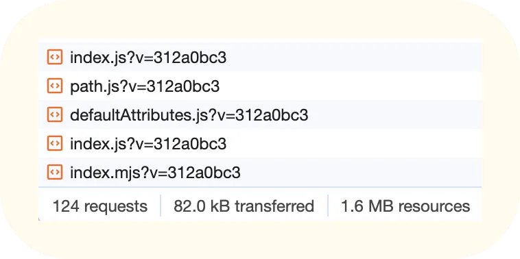 Screenshot de ChromeDevTools qui me montre que 124 requêtes sont maintenant faîtes pour la même page.